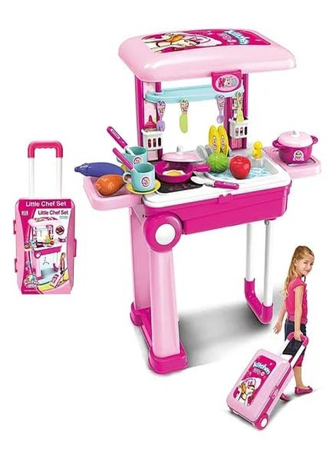 Toy Vibes Plastic 2 in 1 Little Chef Trolley Kitchen Playset for Girls with Music & Light (Pink) - Image 2